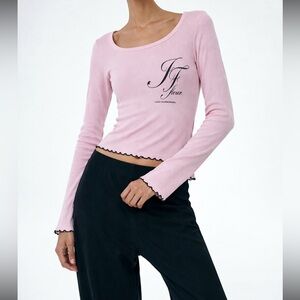 Y2K Kavio US Air Force Pink Ribbed Scoop Neck Long Sleeve Top with Lettuce Hem